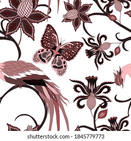 Oriental motives. Seamless pattern with beautiful ethnic flowers, bird and butterly. Floral decoration. Traditional paisley pattern. Textile design texture.Tribal ethnic vintage seamless pattern.	