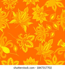 Motivos orientales. Patrón sin foco con hermosas flores étnicas y paisley. Decoración floral. Patrón tradicional de paisajes. Textil de diseño textil.Patrón inmaterial tribal étnico.	