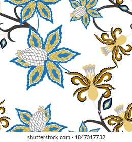 Oriental motives. Seamless pattern with beautiful ethnic flowers and paisley. Floral decoration. Traditional paisley pattern. Textile design texture.Tribal ethnic vintage seamless pattern.	