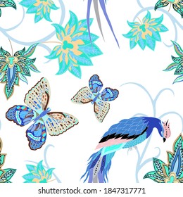 Oriental motives. Seamless pattern with beautiful ethnic flowers, bird and butterly. Floral decoration. Traditional paisley pattern. Textile design texture.Tribal ethnic vintage seamless pattern.	