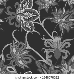 Oriental motives. Seamless pattern with beautiful ethnic flowers and paisley. Floral decoration. Traditional paisley pattern. Textile design texture.Tribal ethnic vintage seamless pattern.	