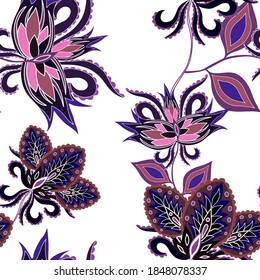 Motivos orientales. Patrón sin foco con hermosas flores étnicas y paisley. Decoración floral. Patrón tradicional de paisajes. Textil de diseño textil.Patrón inmaterial tribal étnico.	