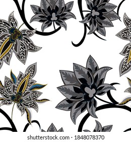 Oriental motives. Seamless pattern with beautiful ethnic flowers and paisley. Floral decoration. Traditional paisley pattern. Textile design texture.Tribal ethnic vintage seamless pattern.	