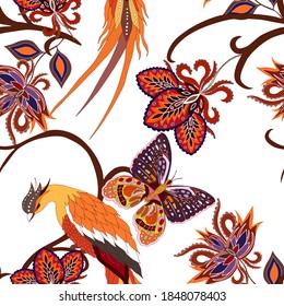 Oriental motives. Seamless pattern with beautiful ethnic flowers, bird and butterly. Floral decoration. Traditional paisley pattern. Textile design texture.Tribal ethnic vintage seamless pattern.	
