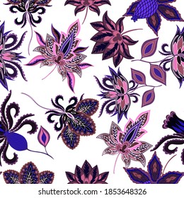 Motivos orientales. Patrón sin foco con hermosas flores étnicas y paisley. Decoración floral. Patrón tradicional de paisajes. Textil de diseño textil.Patrón inmaterial tribal étnico.	