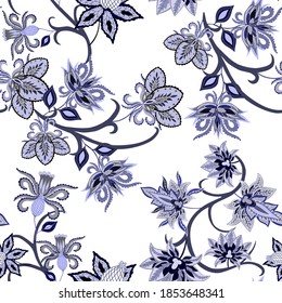 Oriental motives. Seamless pattern with beautiful ethnic flowers and paisley. Floral decoration. Traditional paisley pattern. Textile design texture.Tribal ethnic vintage seamless pattern.	