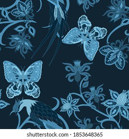 Orientalische Motive. Nahtlose Muster mit schönen ethnischen Blumen, Vogel und Schmetterling. Blumendekoration. Traditionelles Paisley-Muster. Textile Design Textur.Stamm ethnische Vintage nahtlose Muster.	
