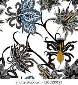 Oriental motives. Seamless pattern with beautiful ethnic flowers and paisley. Floral decoration. Traditional paisley pattern. Textile design texture.Tribal ethnic vintage seamless pattern.	