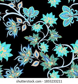 Oriental motives. Seamless pattern with beautiful ethnic flowers and paisley. Floral decoration. Traditional paisley pattern. Textile design texture.Tribal ethnic vintage seamless pattern.	