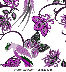 Oriental motives. Seamless pattern with beautiful ethnic flowers, bird and butterly. Floral decoration. Traditional paisley pattern. Textile design texture.Tribal ethnic vintage seamless pattern.	
