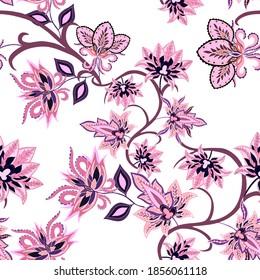 Oriental motives. Seamless pattern with beautiful ethnic flowers and paisley. Floral decoration. Traditional paisley pattern. Textile design texture.Tribal ethnic vintage seamless pattern.	
