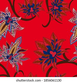 Motivos orientales. Patrón sin foco con hermosas flores étnicas y paisley. Decoración floral. Patrón tradicional de paisajes. Textil de diseño textil.Patrón inmaterial tribal étnico.	