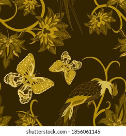 Motivos orientales. Patrón sin foco con hermosas flores étnicas, pájaro y marisco. Decoración floral. Patrón tradicional de paisajes. Textil de diseño textil.Patrón inmaterial tribal étnico.	
