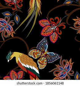 Oriental motives. Seamless pattern with beautiful ethnic flowers, bird and butterly. Floral decoration. Traditional paisley pattern. Textile design texture.Tribal ethnic vintage seamless pattern.	