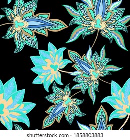 Oriental motives. Seamless pattern with beautiful ethnic flowers and paisley. Floral decoration. Traditional paisley pattern. Textile design texture.Tribal ethnic vintage seamless pattern.	