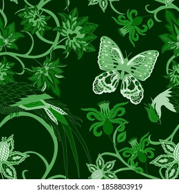 Oriental motives. Seamless pattern with beautiful ethnic flowers, bird and butterly. Floral decoration. Traditional paisley pattern. Textile design texture.Tribal ethnic vintage seamless pattern.	