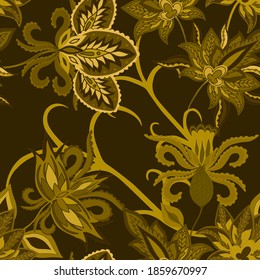 Oriental motives. Seamless pattern with beautiful ethnic flowers and paisley. Floral decoration. Traditional paisley pattern. Textile design texture.Tribal ethnic vintage seamless pattern.	