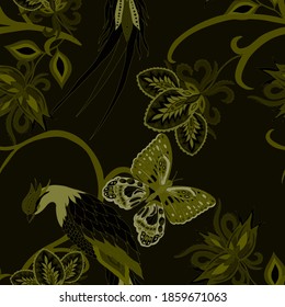 Motivos orientales. Patrón sin foco con hermosas flores étnicas, pájaro y marisco. Decoración floral. Patrón tradicional de paisajes. Textil de diseño textil.Patrón inmaterial tribal étnico.	