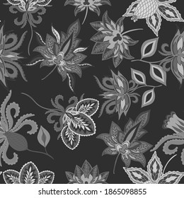 Oriental motives. Seamless pattern with beautiful ethnic flowers and paisley. Floral decoration. Traditional paisley pattern. Textile design texture.Tribal ethnic vintage seamless pattern.