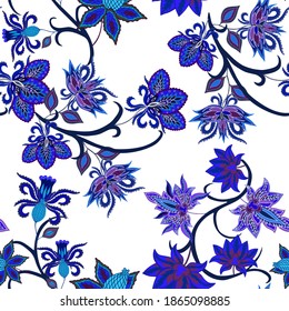 Oriental motives. Seamless pattern with beautiful ethnic flowers and paisley. Floral decoration. Traditional paisley pattern. Textile design texture.Tribal ethnic vintage seamless pattern.