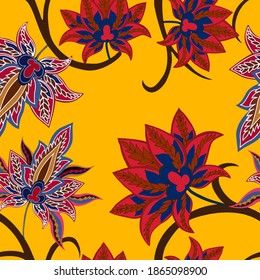 Oriental motives. Seamless pattern with beautiful ethnic flowers and paisley. Floral decoration. Traditional paisley pattern. Textile design texture.Tribal ethnic vintage seamless pattern.