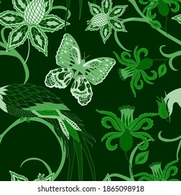 Oriental motives. Seamless pattern with beautiful ethnic flowers, bird and butterly. Floral decoration. Traditional paisley pattern. Textile design texture.Tribal ethnic vintage seamless pattern.