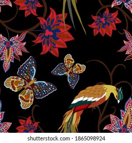 Oriental motives. Seamless pattern with beautiful ethnic flowers, bird and butterly. Floral decoration. Traditional paisley pattern. Textile design texture.Tribal ethnic vintage seamless pattern.