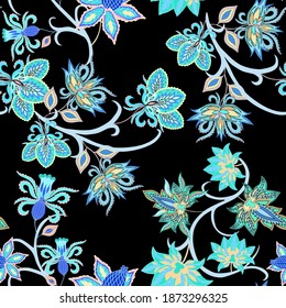 Oriental motives. Seamless pattern with beautiful ethnic flowers and paisley. Floral decoration. Traditional paisley pattern. Textile design texture.Tribal ethnic vintage seamless pattern.	