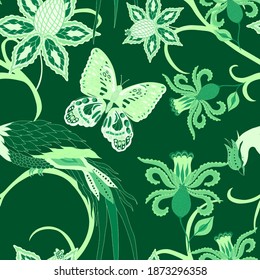 Oriental motives. Seamless pattern with beautiful ethnic flowers, bird and butterly. Floral decoration. Traditional paisley pattern. Textile design texture.Tribal ethnic vintage seamless pattern.	