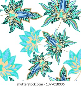 Oriental motives. Seamless pattern with beautiful ethnic flowers and paisley. Floral decoration. Traditional paisley pattern. Textile design texture.Tribal ethnic vintage seamless pattern.	