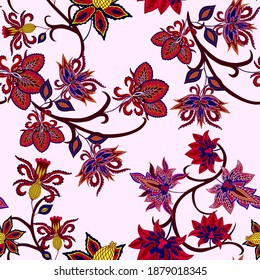 Oriental motives. Seamless pattern with beautiful ethnic flowers and paisley. Floral decoration. Traditional paisley pattern. Textile design texture.Tribal ethnic vintage seamless pattern.	