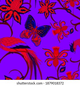Oriental motives. Seamless pattern with beautiful ethnic flowers, bird and butterly. Floral decoration. Traditional paisley pattern. Textile design texture.Tribal ethnic vintage seamless pattern.	