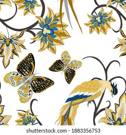 Oriental motives. Seamless pattern with beautiful ethnic flowers, bird and butterly. Floral decoration. Traditional paisley pattern. Textile design texture.Tribal ethnic vintage seamless pattern.	