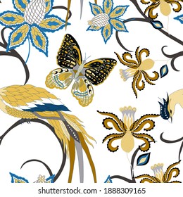 Orientalische Motive. Nahtlose Muster mit schönen ethnischen Blumen, Vogel und Schmetterling. Blumendekoration. Traditionelles Paisley-Muster. Textile Design Textur.Stamm ethnische Vintage nahtlose Muster.	
