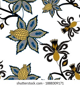 Motivos orientales. Patrón sin foco con hermosas flores étnicas y paisley. Decoración floral. Patrón tradicional de paisajes. Textil de diseño textil.Patrón inmaterial tribal étnico.	