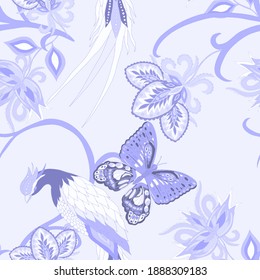 Oriental motives. Seamless pattern with beautiful ethnic flowers, bird and butterly. Floral decoration. Traditional paisley pattern. Textile design texture.Tribal ethnic vintage seamless pattern.	