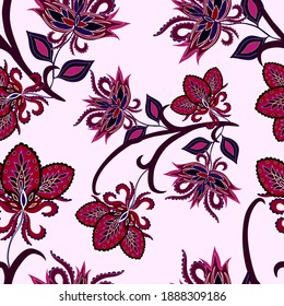 Oriental motives. Seamless pattern with beautiful ethnic flowers and paisley. Floral decoration. Traditional paisley pattern. Textile design texture.Tribal ethnic vintage seamless pattern.	