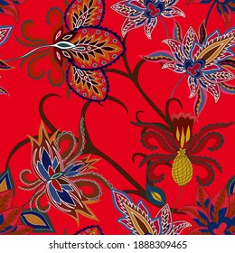 Oriental motives. Seamless pattern with beautiful ethnic flowers and paisley. Floral decoration. Traditional paisley pattern. Textile design texture.Tribal ethnic vintage seamless pattern.	