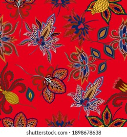Oriental motives. Seamless pattern with beautiful ethnic flowers and paisley. Floral decoration. Traditional paisley pattern. Textile design texture.Tribal ethnic vintage seamless pattern.	