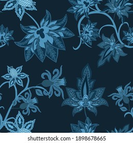 Oriental motives. Seamless pattern with beautiful ethnic flowers and paisley. Floral decoration. Traditional paisley pattern. Textile design texture.Tribal ethnic vintage seamless pattern.	