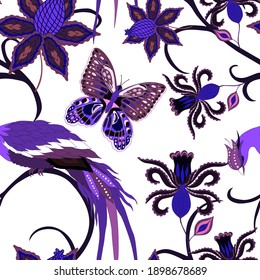 Motivos orientales. Patrón sin foco con hermosas flores étnicas, pájaro y marisco. Decoración floral. Patrón tradicional de paisajes. Textil de diseño textil.Patrón inmaterial tribal étnico.	