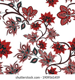 Oriental motives. Seamless pattern with beautiful ethnic flowers and paisley. Floral decoration. Traditional paisley pattern. Textile design texture.Tribal ethnic vintage seamless pattern.	