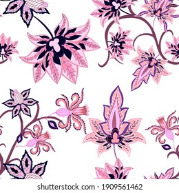 Orientalische Motive. Nahtlose Muster mit schönen ethnischen Blumen und Pisley. Blumendekoration. Traditionelles Paisley-Muster. Textile Design Textur.Stamm ethnische Vintage nahtlose Muster.	