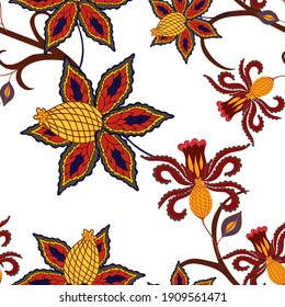 Oriental motives. Seamless pattern with beautiful ethnic flowers and paisley. Floral decoration. Traditional paisley pattern. Textile design texture.Tribal ethnic vintage seamless pattern.	