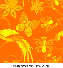 Oriental motives. Seamless pattern with beautiful ethnic flowers, bird and butterly. Floral decoration. Traditional paisley pattern. Textile design texture.Tribal ethnic vintage seamless pattern.	