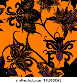 Oriental motives. Seamless pattern with beautiful ethnic flowers and paisley. Floral decoration. Traditional paisley pattern. Textile design texture.Tribal ethnic vintage seamless pattern.	