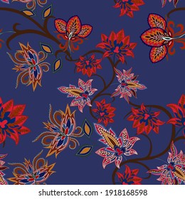 Oriental motives. Seamless pattern with beautiful ethnic flowers and paisley. Floral decoration. Traditional paisley pattern. Textile design texture.Tribal ethnic vintage seamless pattern.	