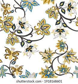 Oriental motives. Seamless pattern with beautiful ethnic flowers and paisley. Floral decoration. Traditional paisley pattern. Textile design texture.Tribal ethnic vintage seamless pattern.	