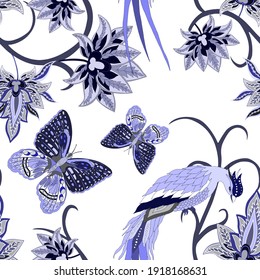 Motivos orientales. Patrón sin foco con hermosas flores étnicas, pájaro y marisco. Decoración floral. Patrón tradicional de paisajes. Textil de diseño textil.Patrón inmaterial tribal étnico.	