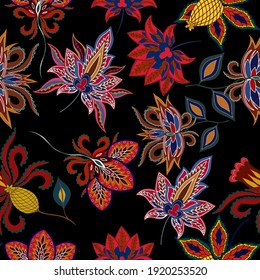 Oriental motives. Seamless pattern with beautiful ethnic flowers and paisley. Floral decoration. Traditional paisley pattern. Textile design texture.Tribal ethnic vintage seamless pattern.	